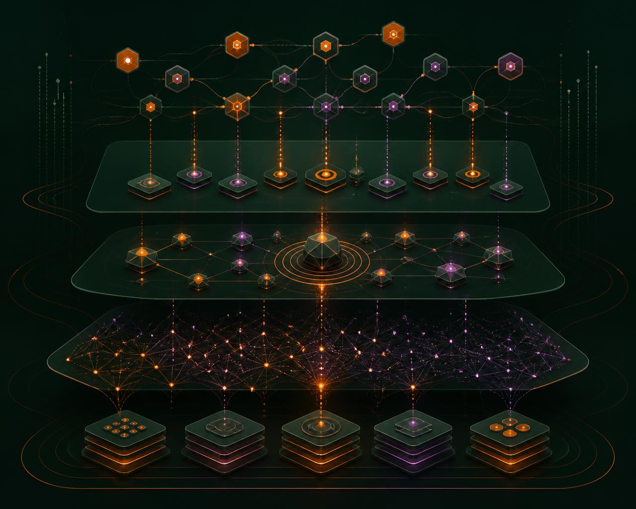 Layered system architecture showing business workflows, automation, decision intelligence and a knowledge network